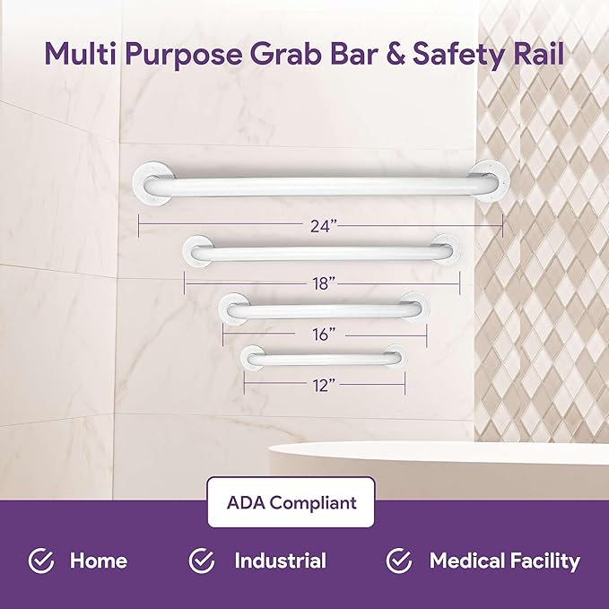 White 16 Inch Grab Bars for Bathtubs and Showers - Powder Coated Steel Bathroom Safety Rail Handle - Non Slip Grip Handicap Grab Bar for Seniors, 250 lbs Weight Support Capacity