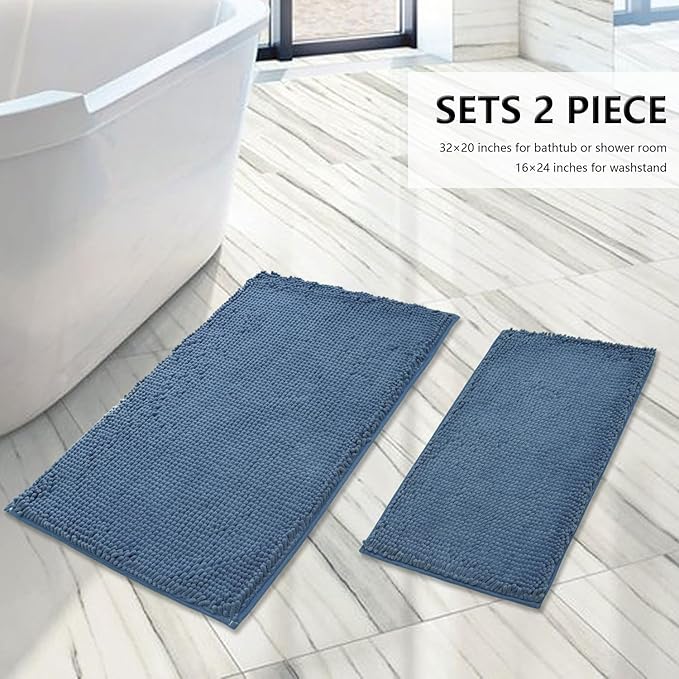 BOANKODU Bathroom Rugs Sets 2 Piece, Extra Soft Chenille Bath Mat Absorbent Bathroom Rug, Bathroom Mat with PVC Non-Slip Bottom, Machine Washable Bath Rugs (32x20 Inch + 24x16 Inch, Deep Blue)
