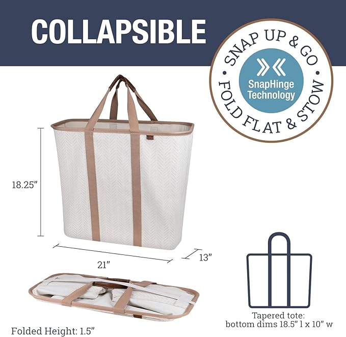 CleverMade Collapsible Laundry Caddy -LUXE Cream Herringbone 2Pack 64L -Foldable Storage Organization Container Clothes Laundry Room Storage Solution