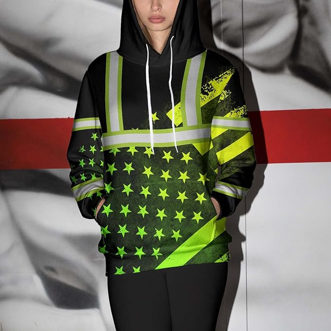 US Flag High Visibility Hoodie for Men Reflective Hoodie Safety Workwear for Worker Runner Patriotic ACC02