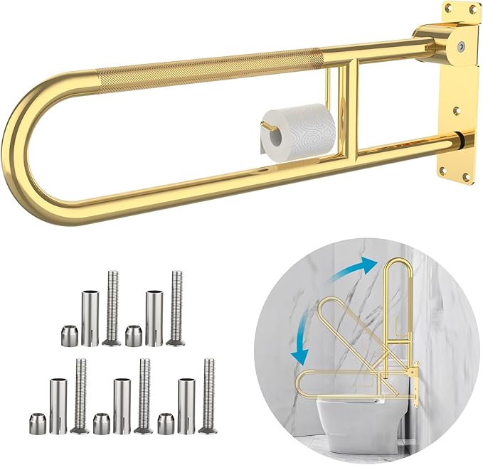 Toilet Grab Bar 30.3 Inch Gold, Munzong Anti-Slip Handicap Grab Bars with Paper Holder, Flip-Up Bathroom Safety Rails, Stainless Steel Knurled Support handrails for Seniors Elderly Disabled Pregnant