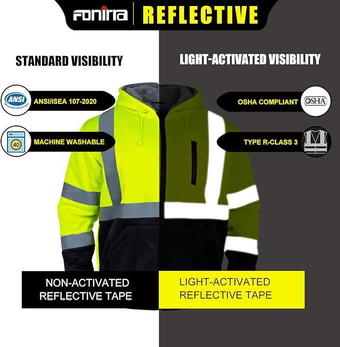 FONIRRA Men's High Visibility Safety ANSI Class 3 Lined Fleece Hoodie Sweatshirt with Black Bottom Jumper Workwear for Men(Yellow,M)
