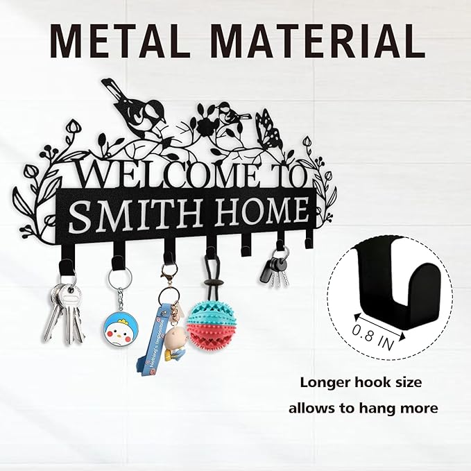 Personalized Key Holder for Wall - Custom Name Metal Wall Key Hanger - Welcome to My Home - Key Rack Holder Wall Mount for Living Room Bedroom Doorway Hallway, Unique Housewarming Gift