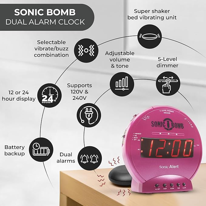 Sonic Alert Sonic Bomb Dual Alarm Clock with Bed Shaker, Pink Vibrating Alarm Clock Heavy Sleepers, Battery Backup | Wake with a Shake