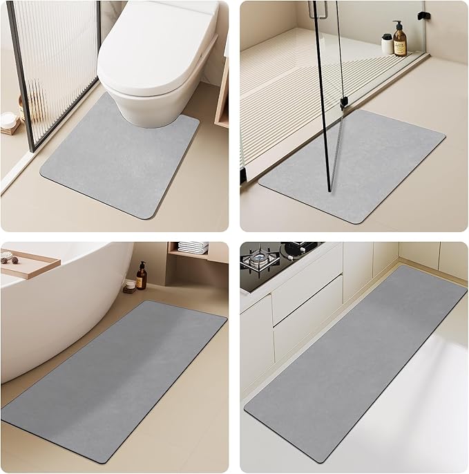 Bathroom Mat Quick Dry, Bathroom Rugs Non Slip Washable Thin Absorbent Bath Mat Fits Under Door Bathroom Floor Mat Perfect for Bath, Shower, or Sink 20"x30" Light Grey
