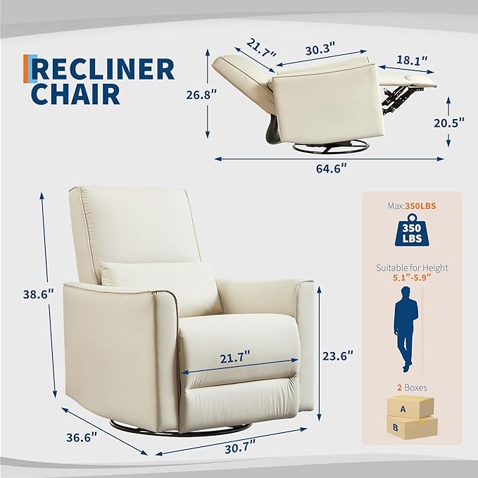 IDEALHOUSE Swivel Rocking Nursery Recliner Chair Rocker Recliner Glider Deep Seat PU Leather Sofa Chair with high Backrest for Nursery, Living Room, Bedroom & Home Movie Theater (Beige)