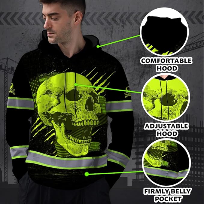 Matedecor Skull US Flag Reflective High Visibility Hoodie For Men Construction Hi Vis Safety Workwear Custom Name