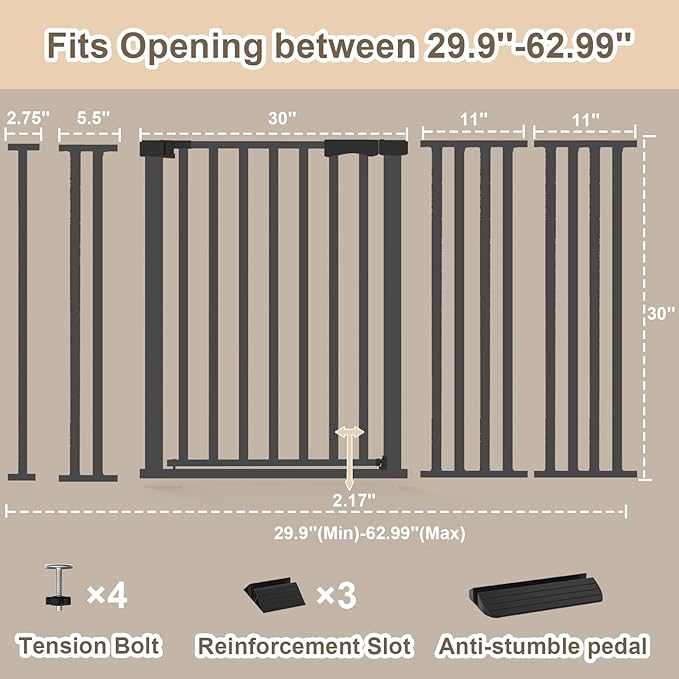 Extra Wide Baby Gate Fits 30-63 Inch Wide Opening, Toddler Pet Gate for Stairs Doorways Hallways Indoor, Walk Thru Large Long Dog Gates Pressure Mounted White