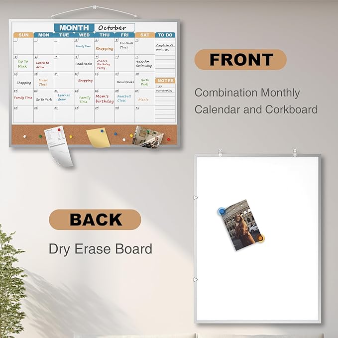 Monthly Calendar Dry Erase Board 24x18 Inch, Double-Sided Whiteboard and Corkboard Combo with Silver Aluminum Frame (Color Calendar), Wall Mounted Planner with Marker, Magnet, Push Pin, Eraser