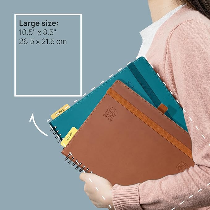 POPRUN Monthly Planner 2026-2027 (Large 8.5" x 10.5") 18 Months Calendar (Jan 2026 - Jun 2027) - 4 Pages per Month with Expense & Notes, Stair-like tabs, Leather Cover, Sunday Starts - Green