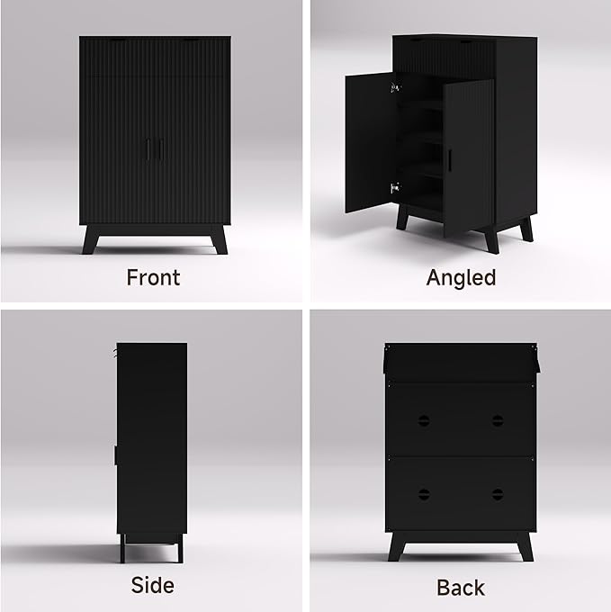 Fluted Shoe Cabinet, 4-Tier Mid Century Modern Narrow Shoe Storage Cabinet with Doors & 2 Drawers, Adjustable Shelves, Freestanding Hidden Shoe Rack Organizer & Wooden Legs for Entryway