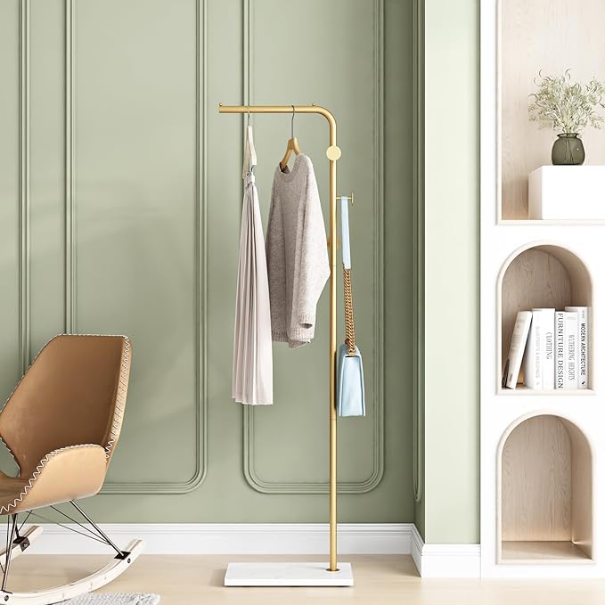Metal Gold Coat Racks, Standing Coat Rack with Heavy Base, Modern Coat Tree with Crossbar and 3 Hooks, Entryway Coat Racks for Handbags, Clothing.(67inch)