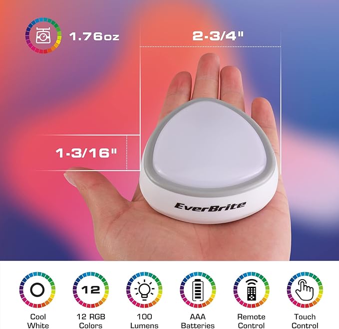EverBrite Tap Light, LED Puck Lights, Wireless Push Lights, Remote Controlled Closet Lights with 12 RGB Colors, Perfect for Under Cabinet, Closets, Pantry, with 9 AAA Batteries, 3-Pack