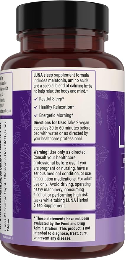 Nested Naturals Luna Sleep Aid - Non-Habit Forming Natural Sleeping Pills for Adults with Naturally Sourced Ingredients - Valerian Root, Melatonin, Chamomile, Lemon Balm, and More - 60 Vegan Capsules
