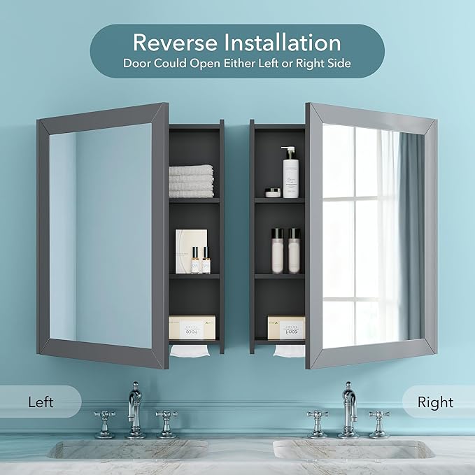 Bathroom Mirror Cabinet - Large Single Door 24x30 inchs Wall Cabinet Bathroom Vanity Mirror Cabinet with Facial Tissues Slot and Multifunctional Storage Area