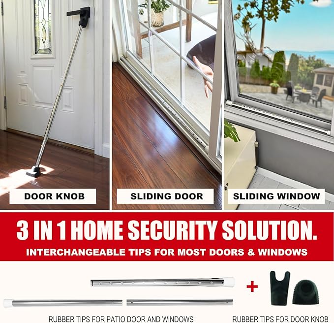Door Stoppers Security Bar, SECURITYMAN 3 in 1 Adjustable Door Security Bar & Sliding Door Security Bar - Heavy Duty Door Lock Stick Jammer for Apartment, Dorm, Front Door Inside Safety Must Haves