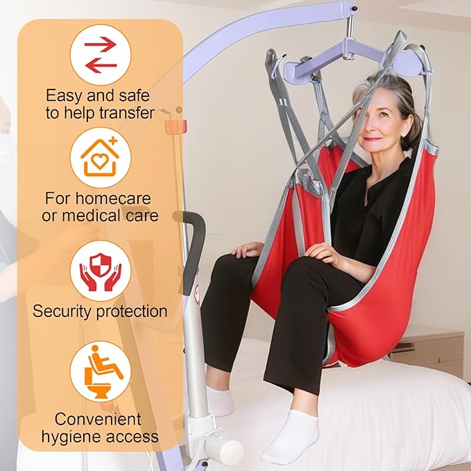 Patient Lift Divided Leg Sling – Heavy Duty 500 lbs Capacity, Easy Hygiene Access with Handles & Pocket, Machine Washable – Small/Medium/Large for Elderly, Disabled & Bariatric Care (Red, M)