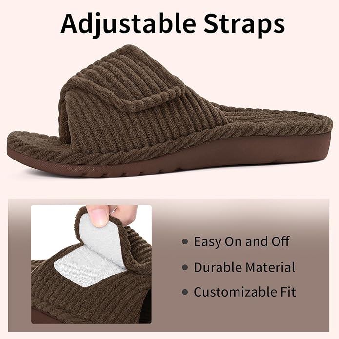 Litfun Orthopedic House Slippers for Women Adjustable Arch Support Indoor Slippers Open Toe Corduroy Bedroom Shoes