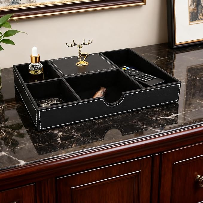 Jewelry Trays Nightstand Organizer, Valet Tray for Men and Women, Tray Organizer, Dressing table Storage box, Dark Brown Faux Leather, 5 Compartment