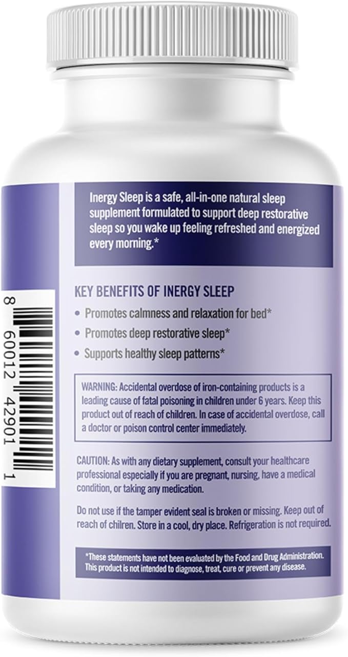 BB Company inergySLEEP | Natural Sleep Supplement & Sleep Aid for Deep Sleep, Helps to Calm & Relax | Magnesium, Lemon Balm, Black Cohosh, GABA, Holy Basil | Packaging Vary | 30 Ct