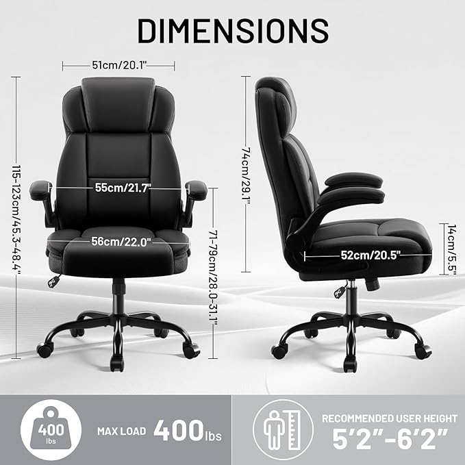 Ergonomic Office Chair with High Back Headrest, PU Leather Executive Desk Chair - Padded Flip-Up Armrests, Lumbar Support, Swivel Computer Chair for Home Office & Gaming, Black