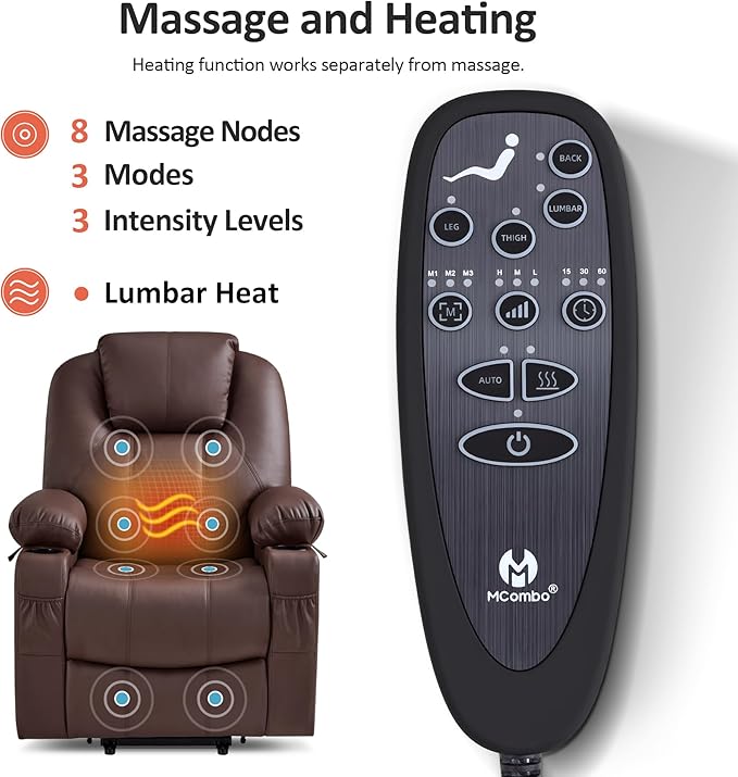 MCombo Power Lift Recliner Chair for Elderly, Lift Chair with Heat and Massage, FSC Certified, USB Ports, Cup Holders, Faux Leather 7141 (Light Brown, Small)