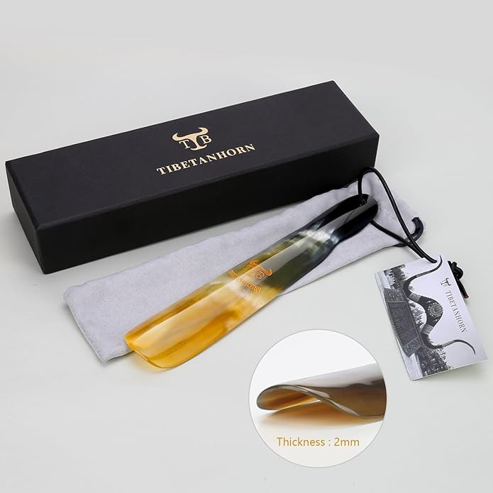 Shoe Horn, Hand Crafted Natural Tibetan Yak Horn Shoe Horns for Boots and All Shoes, Travel Size with Gift Box