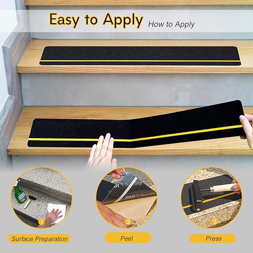 S&X Outdoor Stair Treads Non-Slip, 6" x 24" Anti-Slip Tape with Reflective Stripe, Black, 12-Pack