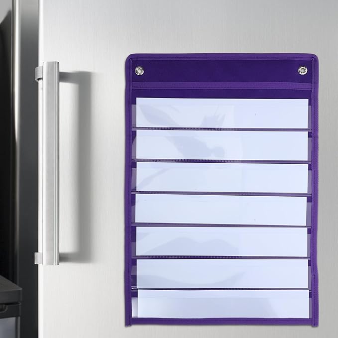 Hanging Pocket Chart Organizer Pouch Polyester Iron Material 10 Dry Erase Cards for Classroom, Wall or Door, Schedule Memo Note Storage Bag Purple