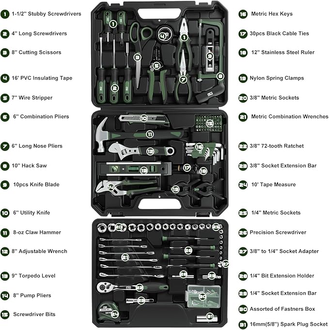 Prostormer 269 Piece Tool Set, General Household/Auto Tool Kit, Portable Toolbox Storage Case with Drawer for Men & Women, Perfect for Home Repair & DIY Projects (Green)