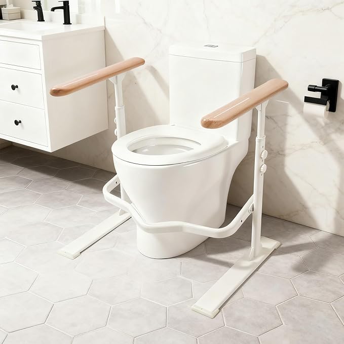 Toilet Safety Rails for Seniors - Toilet Safety Frame with Nighttime Reflective Armrests & Base, 3-Speed Height Adjustment, Toilet Safety Frames & Rails Fits Most Toilets, 3-Hole Depth Adjustment