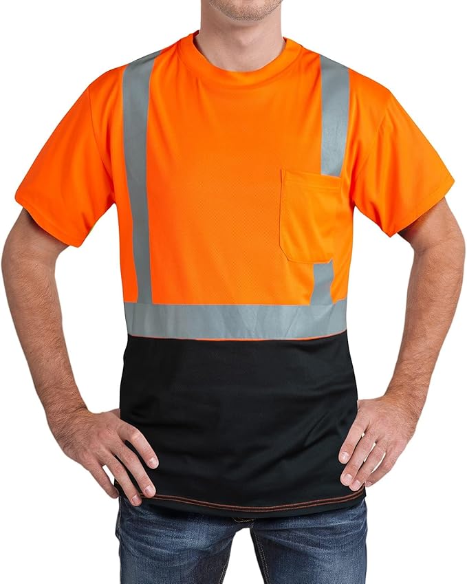 High Visibility Shirts Quick Dry Safety T Shirts with Reflective Strips and Pocket Short Sleeve Mesh Hi Vis Construction Work Class 2 Shirt for Men/Women Black Bottom Orange,Small