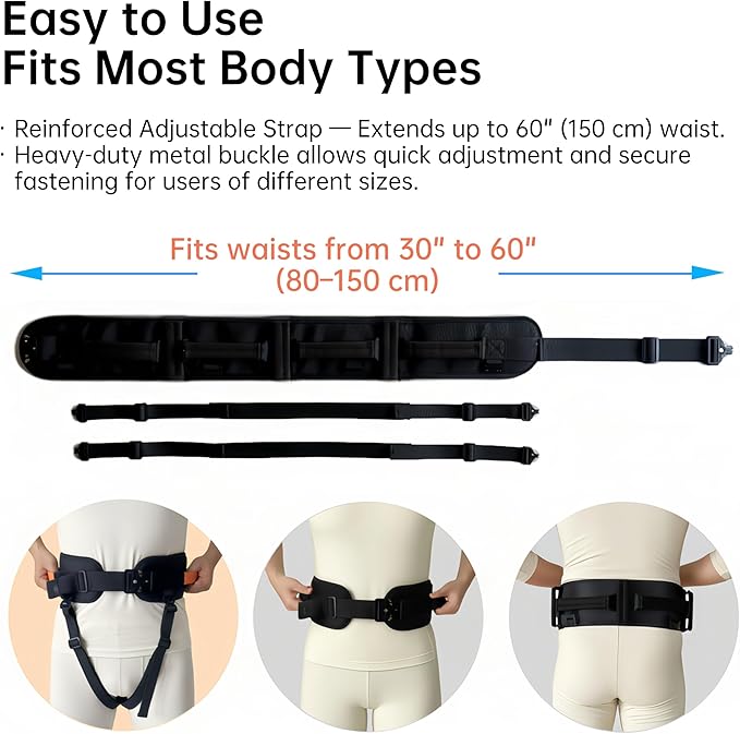 Upgraded Gait Belt with Metal Buckle, Transfer Belt with Handles and Leg Straps, Lift Belt for Seniors, Walking Support, Mobility and Elderly Assistance (Black, Medium)