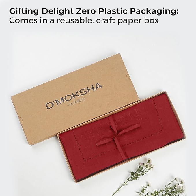 D'Moksha Homes Linen Red Table Runner 132 Inches Long - 100% Pure Linen Extra Long Table Runner 14 x 132 Inch for Valentines, Spring - Classic Hemstitch