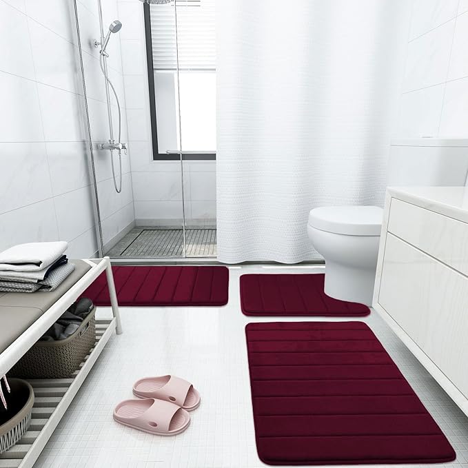 Buganda Memory Foam U-Shaped Contour Toilet Rugs, Non Slip Absorbent, Thick Soft Washable Bathroom Mat, Floor Carpet Bath Rugs Mat for Toilet Base (24" x 24", Burgundy)