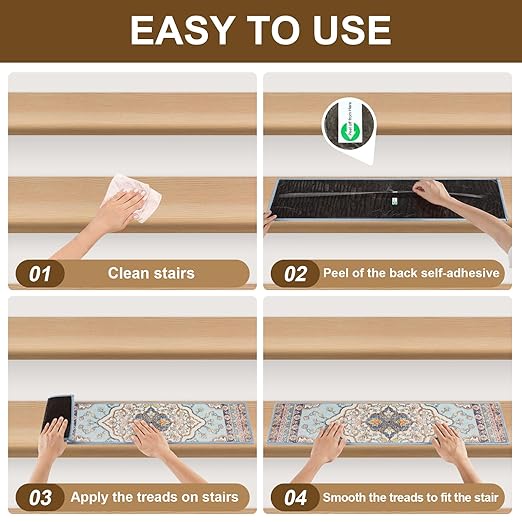 Non Slip Stair Treads for Wooden Steps Indoor, Light Blue, 15pcs, 30"X8", Soft Carpet Mat, Machine Washable Boho Carpet Treads with Reusable Adhesive Backing, Safety Stair Tread for Dog, Kid, Elder