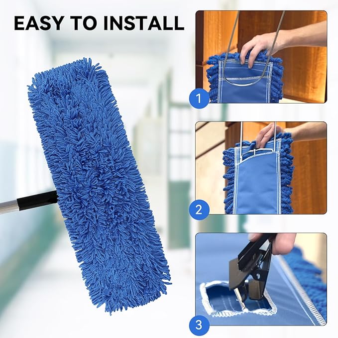 24 Inch Dust Mop Head: Replacement Medium Washable Commercial Mop Head Sweeper and Janitorial Replacement Blue (Blue - 24 Inch, 3 Pack)