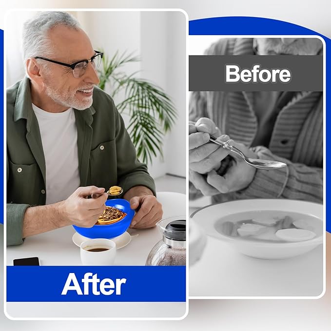 Hushee Adaptive Spill Proof Scoop Bowl and Plate Set with Suction Base Non Skid Self Feed Dinnerware for Elderly Disabled Handicapped from Parkinsons, Dementia, Stroke, Tremor(1 Set,Blue)