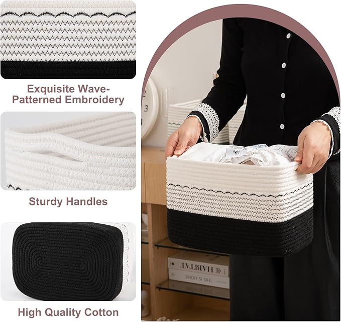 4 Pack Storage Baskets for Organizing, 13"X9"X7.87", Decorative Cotton Rope Baskets with Wave-Patterned Embroidery for Shelves, Small Woven Basket for Toys, Books and Towels, Black & White