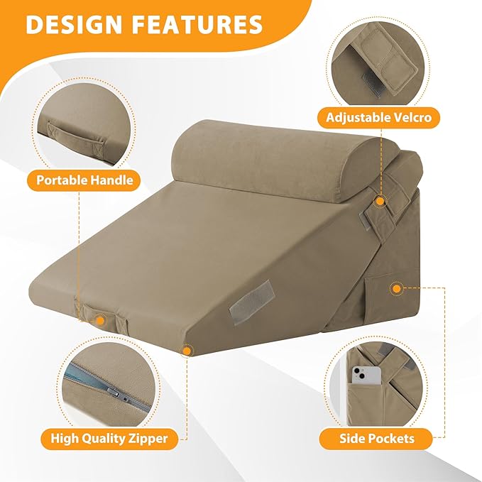 3PCS Wedge Pillow Set for After Surgery, Adjustable 9&12 Inch Bed Wedge Pillow for Sleeping, Incline Pillow Wedge for Headboard, Post Surgery, Acid Reflux, Neck&Back Support, Plush Brown