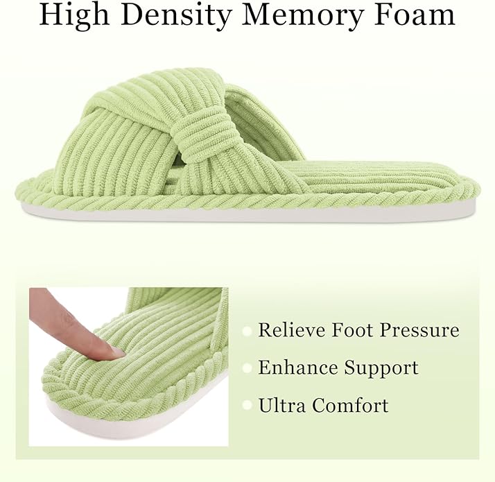 Evshine Fall House Slippers for Women Corduroy Cross Bow Indoor Slippers Open Toe Slip On Bedroom Shoes with Memory Foam