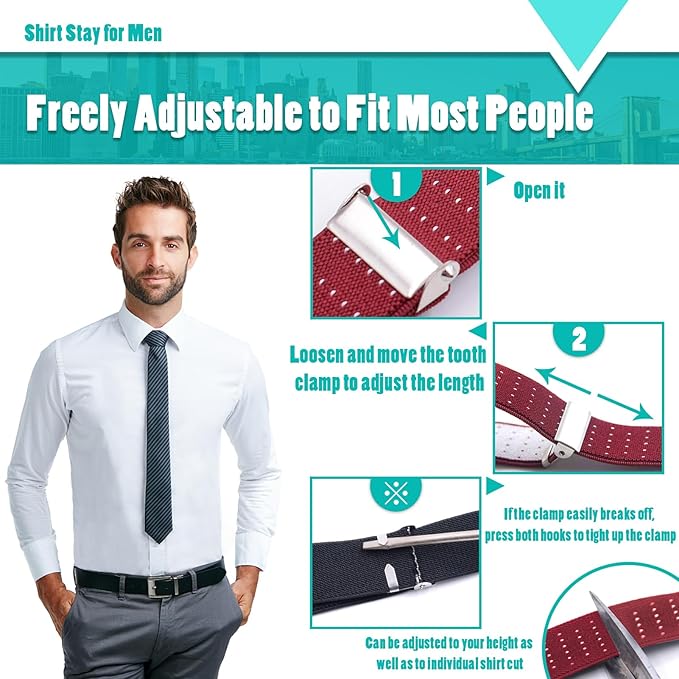 STAY GENT Y-Style Shirt Stays For Men with Non-Slip Locking Clamps and Adjustable Elastic Straps