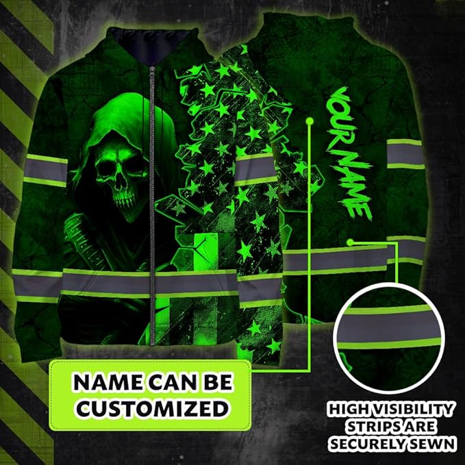 Maddly Hi Vis Reflective Zip Up Hoodie, High Visibility Safety Jacket with Skull Design for runner, worker, trucker, cyclist