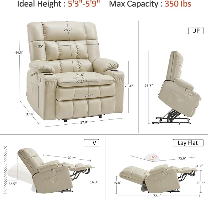 MCombo Dual Motor Power Lift Recliner Chair for Elderly, Lay Flat Lift Chair with Heat and Massage, Extra Wide Lift Recliner for Big People, Cup Holders, Faux Leather R7897 (Cream White, Medium-Wide)