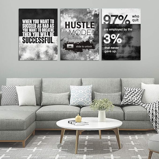 Motivational Office Wall Decor, Inspirational Canvas Wall Art, 3 Pieces Hustle Posters Prints Entrepreneur Success Quote Wall Decor for Lobby Meeting Room Hallway Living Room(48”Wx24”H)