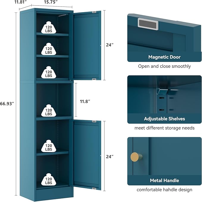2-Door Metal Storage Cabinet, Tall Slim Pantry Organizer with 3 Adjustable Shelves (120LBS/Shelf), Anti-Tipping Waterproof Cabinet for Bathroom/Kitchen/Home Office/Small Spaces,(1PC,Blue)
