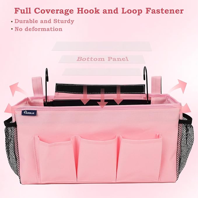 Surblue Bedside Organizer with Hook Caddy Hanging Storage Bag with Adjustable Straps and Water Bottle Holder for Home, College Dorm, Hospital Accessories, Crib Bed Rail, Pink, 2PCS