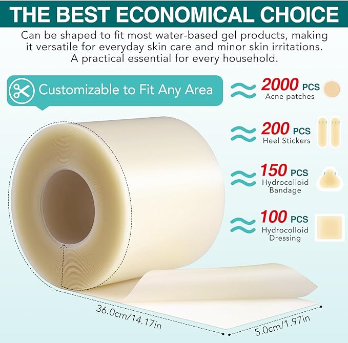 Hydrocolloid Bandages Roll for Wound Care, 5cm*3.6m Hydrocolloid Dressing Roll Cut-to-Size Plasters Supports Natural Healing, Ultra Absorption Waterproof Dressing Tape for Blisters, Acne, Minor Wounds
