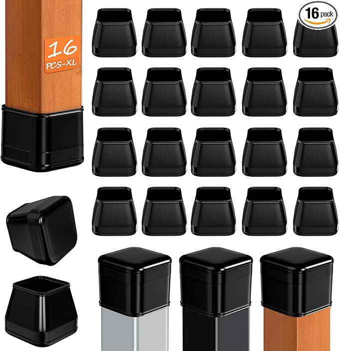 16 Pcs Chair Leg Sliders for Carpet Rug, Square Chair Glides, Silicone Furniture Leg Protectors Caps Kitchen Table Feet Covers with Plastic Pads, No Scratches (Fit:1-1/2"~1-3/4", Black)