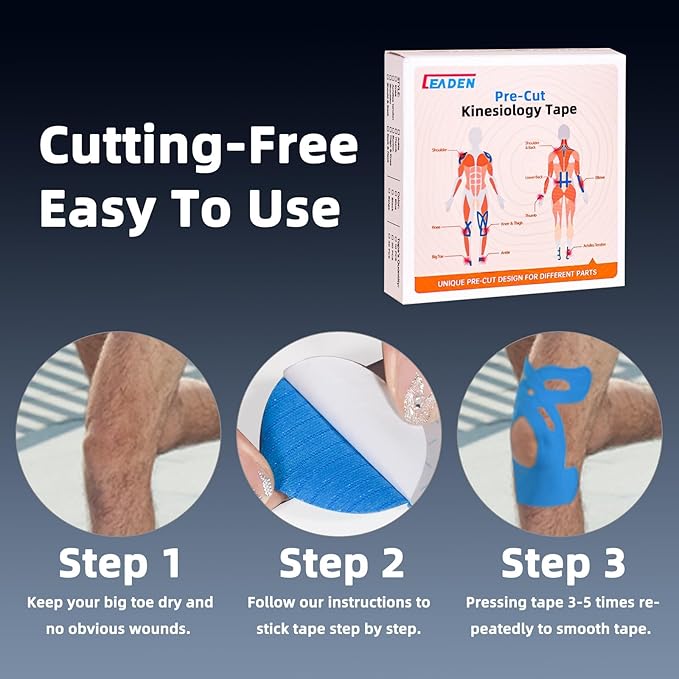 IEADEN Precut Kinesiology Tape for Knees, 10 Pcs - Knee Support & Stability, Knee Pain Relief Athletic Tape - Waterproof & Elastic, Hypoallergenic Latex-Free Tape, Blue